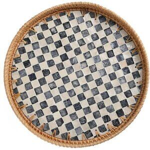 Round Rattan Tray Black Mother of Pearl Inlay Coffee Table Kitchen Decor